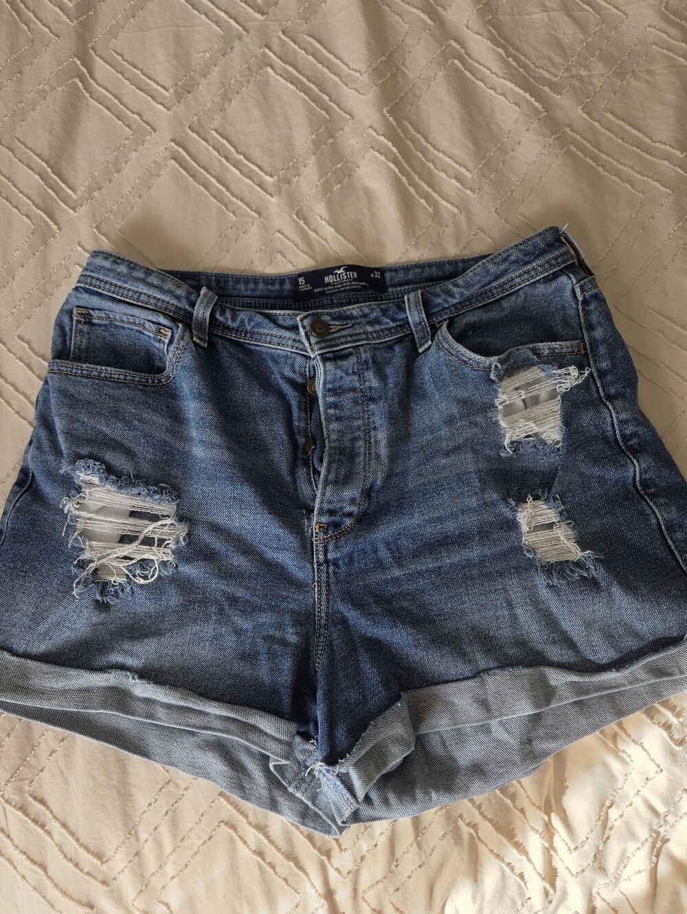 Medium Blue High Wasited Distressed Cuffed Denim Shorts
